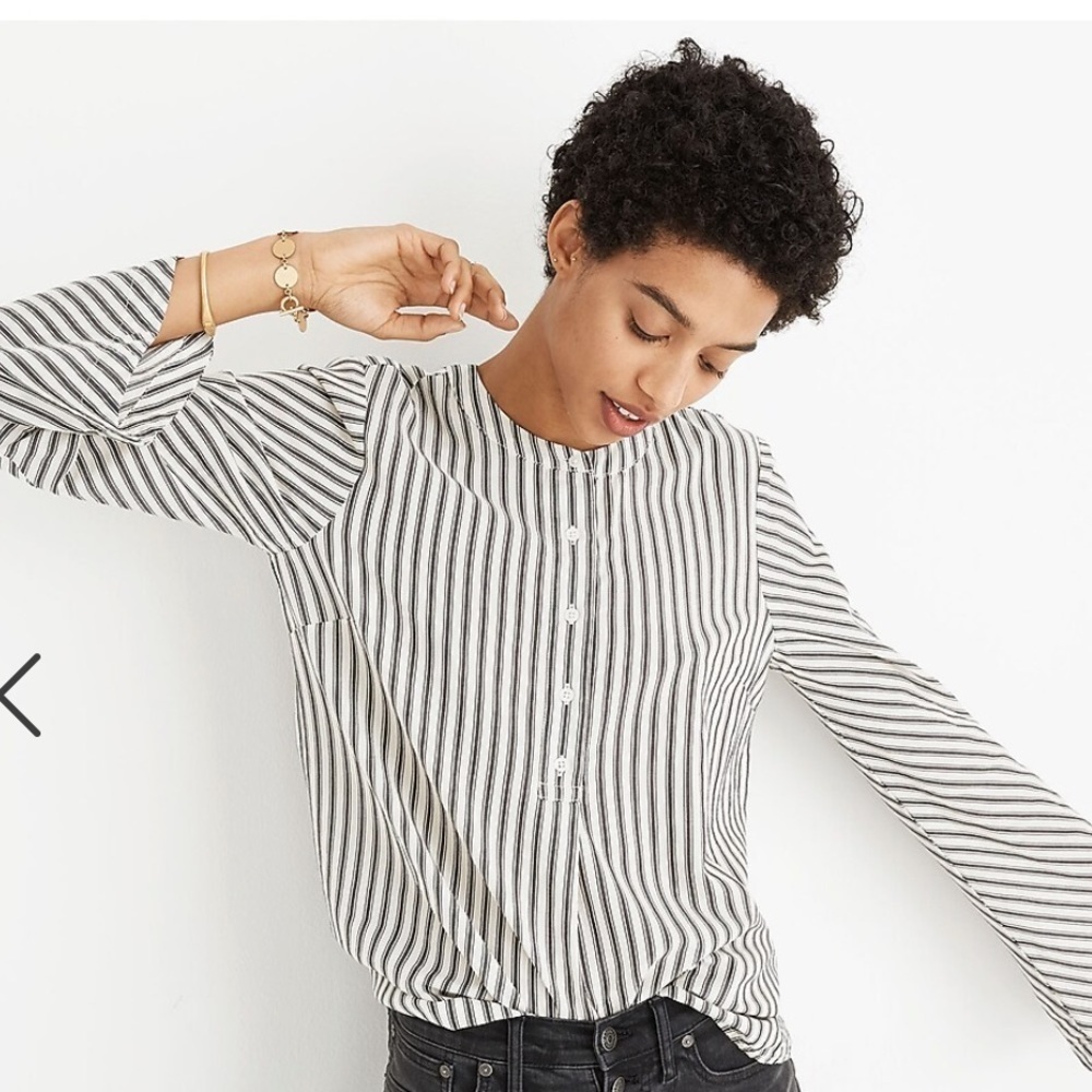 Madewell button-down bell sleeves and band collar gray stripe - Picture 5 of 16